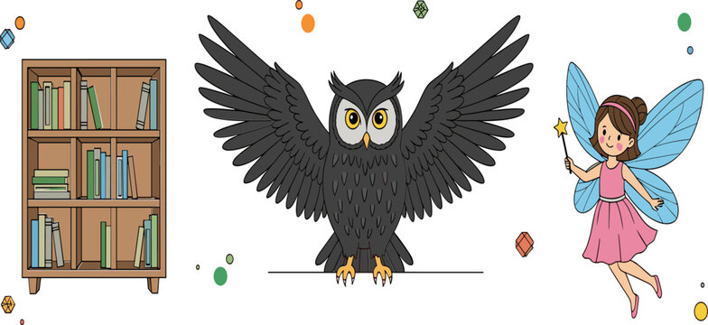 Whimsical Fairy, Owl, and Bookshelf Illustration Set for Kids&rsquo; Fantasy and Education-Themed Graphics