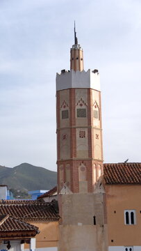 Eight sided minaret of the Great Mosque in Uta Hammam Square, in Chefchaouen, Morocco