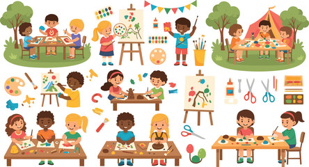 Fototapeta premium Children's Art and Craft Vector Set with Painting, Sculpting, and Creative Fun Activities for Kids and Learning