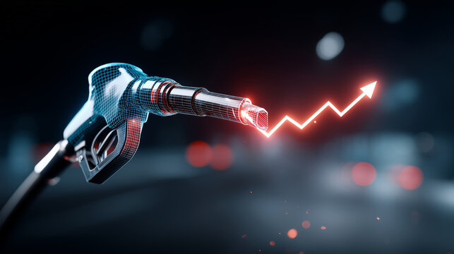 Futuristic dark-blue tech backdrop with a subtle perspective grid and faint floating particles. From the left, a glossy fuel pump nozzle rendered as a cyan/blue wireframe with emis
