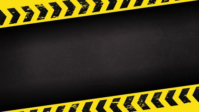 Industrial dark metal background with diagonal yellow black caution tape cinematic frame grunge texture animation 4K 60fps