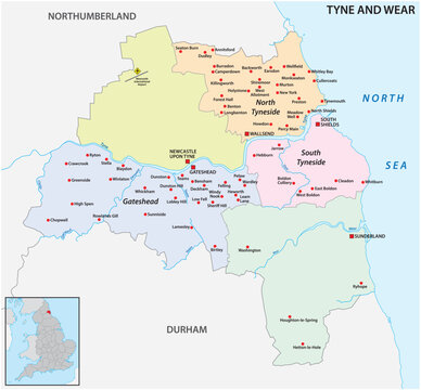 Map of the ceremonial county Tyne and Wear, England, UK