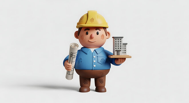 Construction worker wearing hard hat holding building model and blueprint, isolated on white background, 3d illustration, professional character.