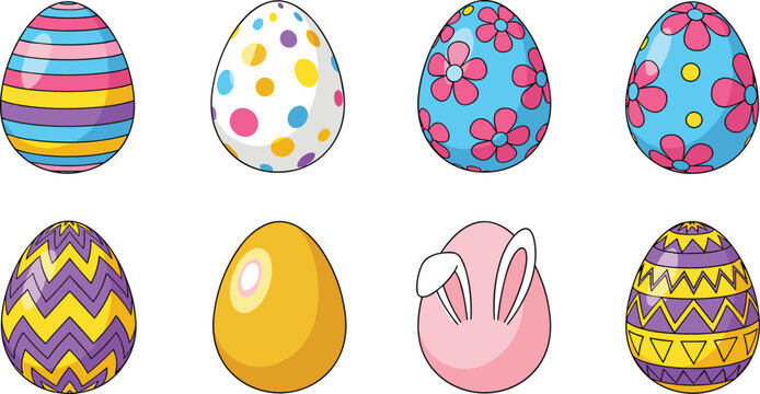 Easter Egg Vector Set with Colorful Patterns, Polka Dots, Flowers, and Bunny Designs for Spring, Holiday, and Festive Celebrations