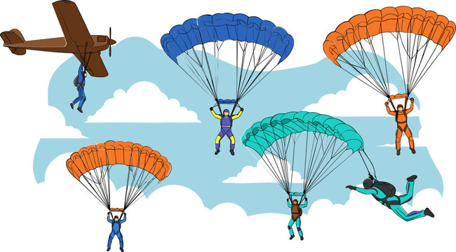 Skydiving and Parachuting Icon Set with Jumpers, Parachutes, and Plane for Adventure, Sports, and Extreme Activity Design