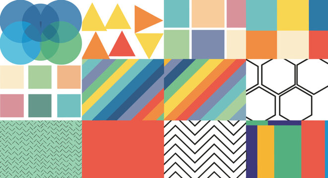 Geometric Pattern Set with Colorful Shapes, Stripes, and Textures for Modern Design, Branding, and Web Graphics