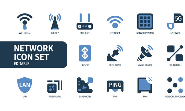 Editable network icon set with various symbols for technology and communication