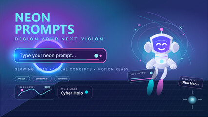 Obraz na płótnie Canvas Futuristic neon prompt interface with robot assistant and glowing UI elements on dark gradient web banner