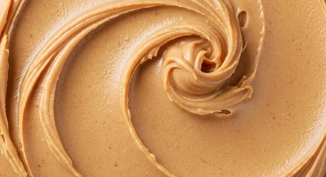 Closeup of creamy peanut butter texture with a swirl pattern