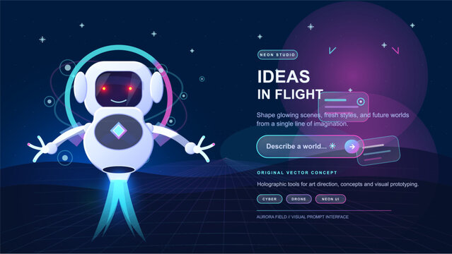Cute futuristic robot with neon prompt interface and glowing UI elements in sci-fi vector web banner