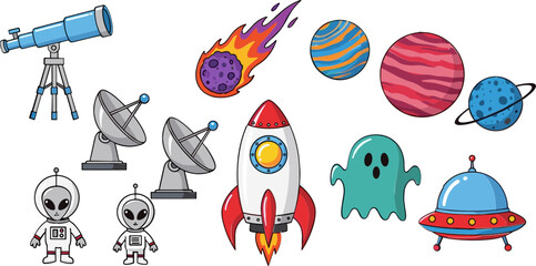 Space and Alien Icon Set Featuring Rockets, Planets, Aliens, UFOs, and Telescopes for Sci-Fi and Space Exploration Designs © sumi