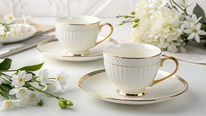 Fototapeta premium Luxury porcelain tea cup set with golden rim on white table