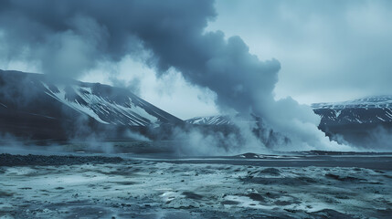 Obraz premium dramatic landscape with steam rising from geothermal area in iceland