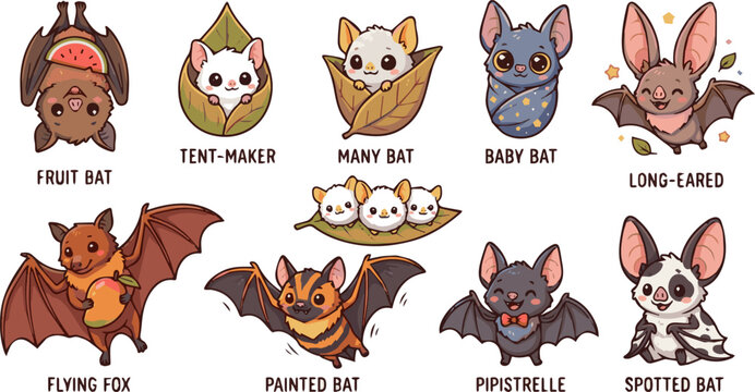 Generate a realistic kinds of deferent cute bat vector art with white background..