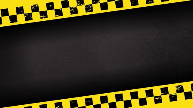 Grunge black metal background with bottom diagonal caution tape and cinematic frame border animated loop 4K 60fps