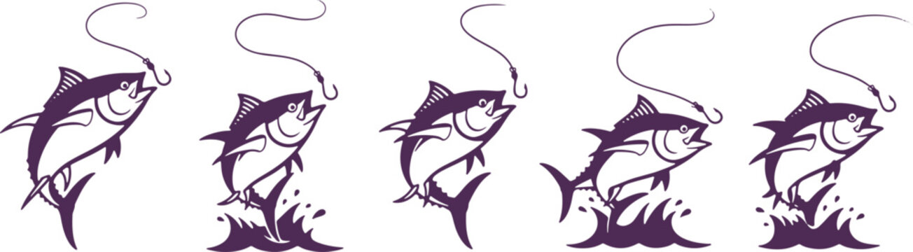 Series of tuna fish leaping out of water in mid-air with splashing water effects