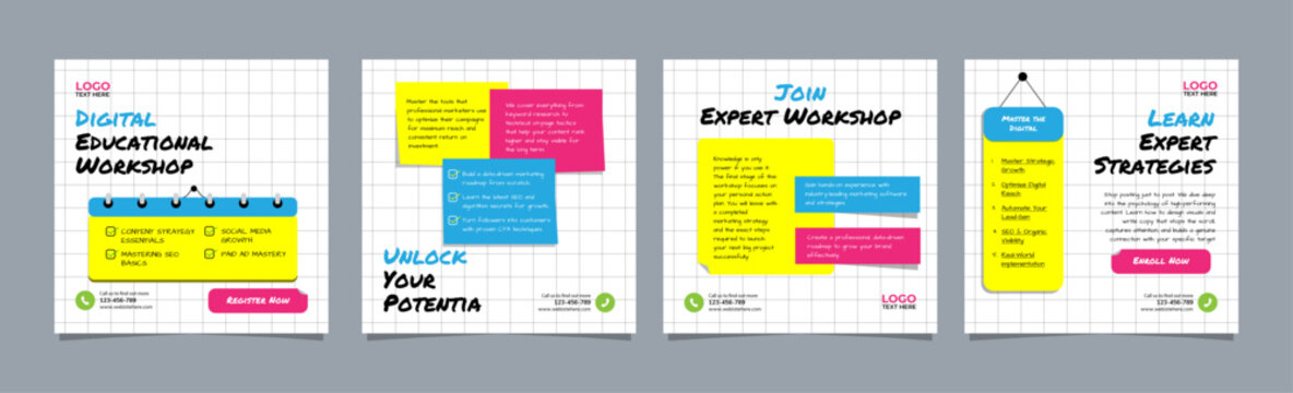 Digital Workshop Educational Carousel Template with Paper Grid Background and Sticky Note Elements for Social Media Marketing, Editable AI file