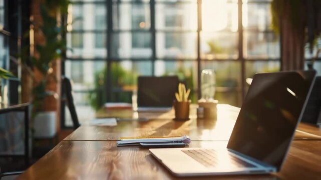 A laptop on a wooden desk in a bright office with plants &ndash; the perfect backdrop for presentations, start-ups or remote working.
