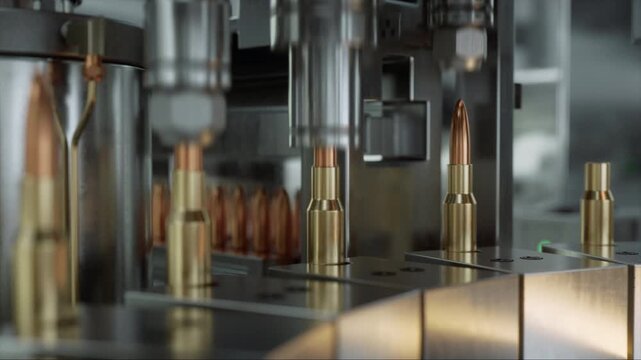 Automated Bullet Production Line Moves Ammunition Rounds Through Precision Stations as Advanced Machinery Charges Projectiles, Casings, Military Defense Complex Factory. Looped Static Time-Lapse Shot