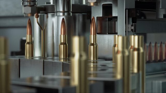 Bullet Manufacturing Machinery Operates on a Conveyor in Secure Factory, Assembling Ammunition Rounds With Precision Automation for Military, Army, Defense Production. Looped Time-lapse Static