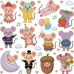 Fototapeta premium Generate a realistic kinds of deferent cute rat vector art with white background.