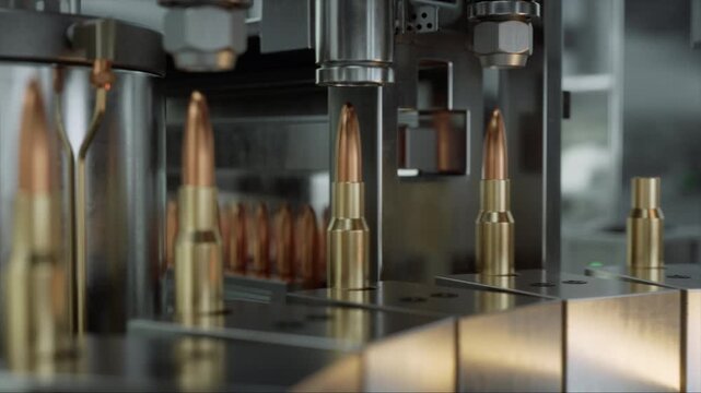 High Tech Bullet Manufacture Machinery Installs Projectiles Into Casings on a Precision Conveyor Line, Showing Automated Ammo Assembly Inside a Secure Military Defense Production Facility.