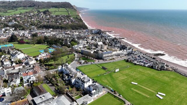 Sidmouth Devon coastal town drone aerial view UK high angle