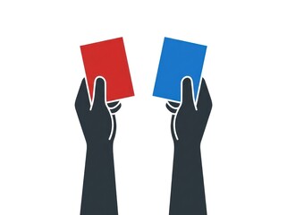 Obraz premium Two Hands Holding Red and Blue Cards, Symbolizing Choice or Decision Making.