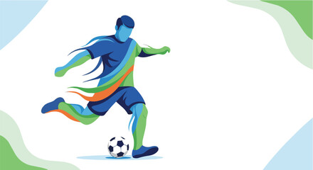 Soccer player kicking ball in dynamic motion with colorful abstract design for sports marketing © pikkasbun