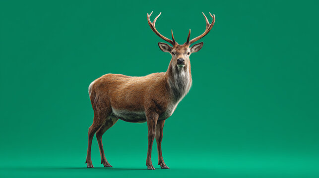 A majestic deer stands gracefully against a vibrant green backdrop, showcasing its magnificent antlers and strong physique.
