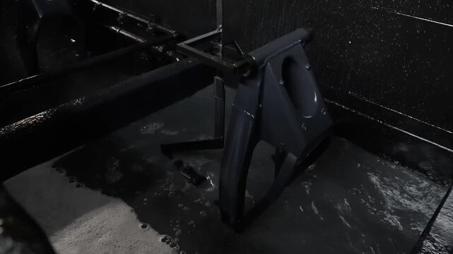 Industrial motorcycle frame being lowered into an e-coat dipping tank for anti-corrosion chemical treatment
