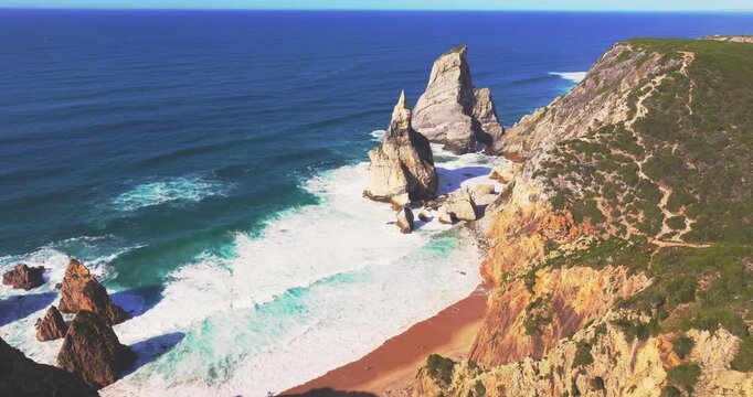 Praia da Ursa Sintra Portugal Atlantic coastal cliffs sunset aerial