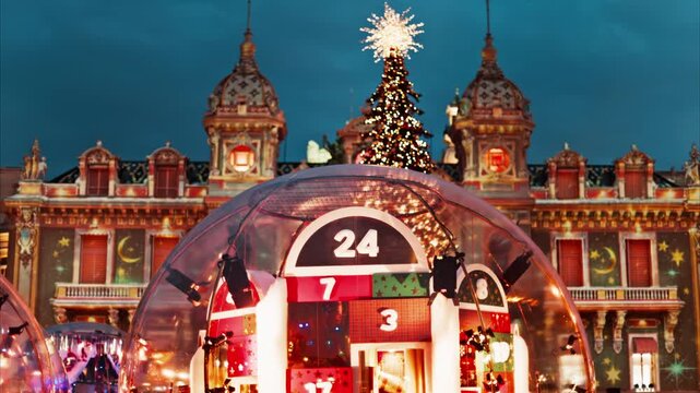christmas festival scene with stunning light show and christmas tree decorations, illuminating architecture.