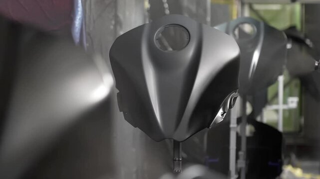 Robotic arm applying a smooth matte gray primer to a motorcycle fuel tank in an automated spray booth