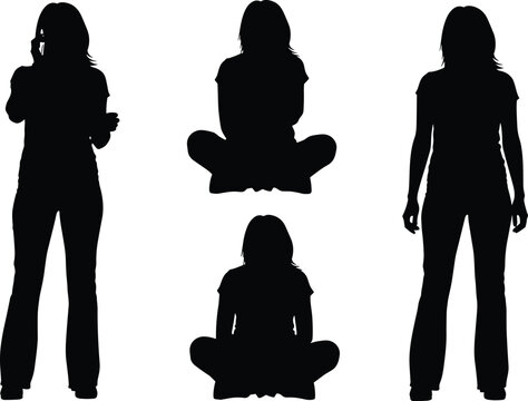 Woman silhouette set, female standing and sitting poses, casual people collection, human figure icons, modern flat vector illustration isolated
