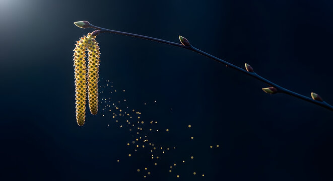 Hazel catkins releasing pollen in the spring sun against dark background