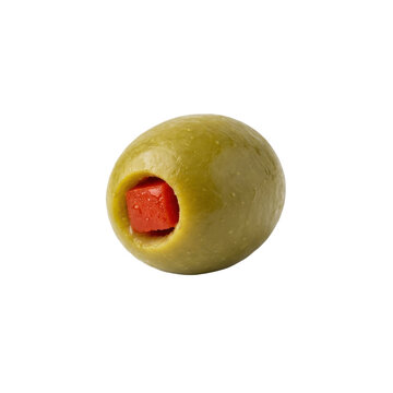 A single pimento-stuffed green olive isolated on a clean white background, perfect for culinary and cocktail photography projects.