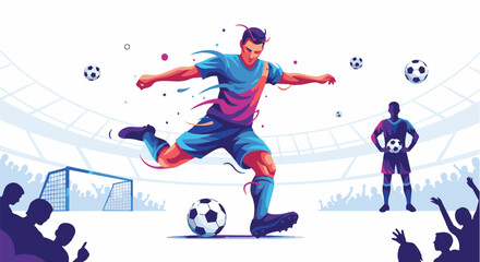 Soccer player kicking ball in dynamic motion with vibrant colors and abstract stadium background for sports marketing © pikkasbun