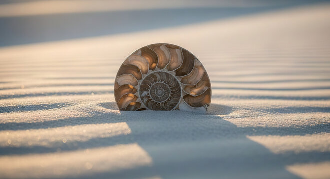 *Spiral Shell on Sandy Beach at Sunset*