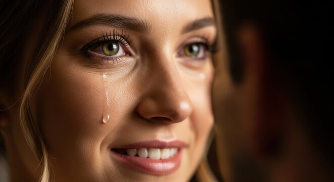 a woman with tears on her face and a smile on her face close up portrait woman tears smiling sad hap
