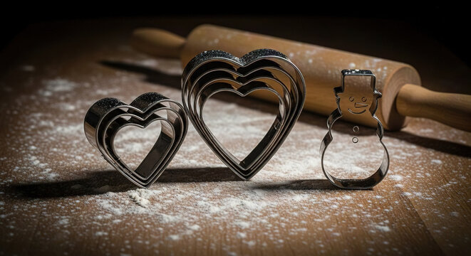 Heart-shaped cookie cutters on a rolling pin with flour