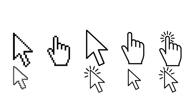 Collection of pointing cursor icons and click indicators for UI design and demonstrations.