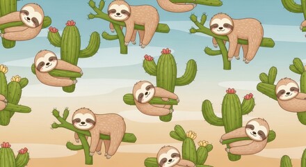 Naklejka premium a repeating pattern of cartoon sloths hanging from green cacti on a sandy beach with a blue sky back