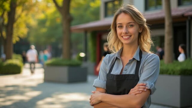 Young hostess near hotel outdoors. Space for text.