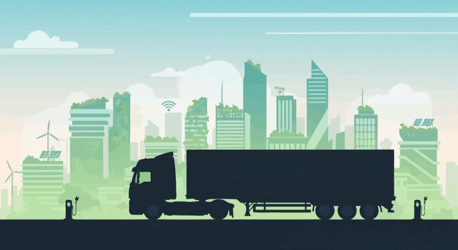 Silhouette of a large semitruck trailer on a road.