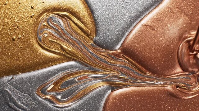 Metallic gold, silver, copper liquids pouring and mixing abstractly