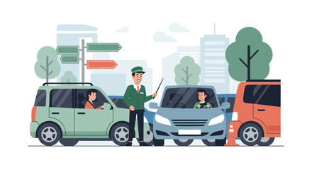 Naklejka premium Traffic controller directing cars in city street scene.