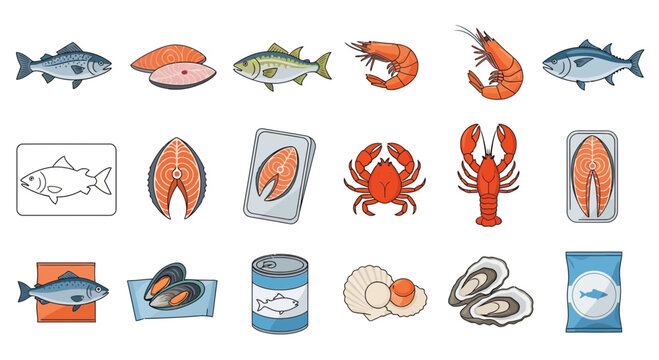 Collection of various seafood illustrations including fish, prawns, lobsters, oysters, mussels, and canned fish options