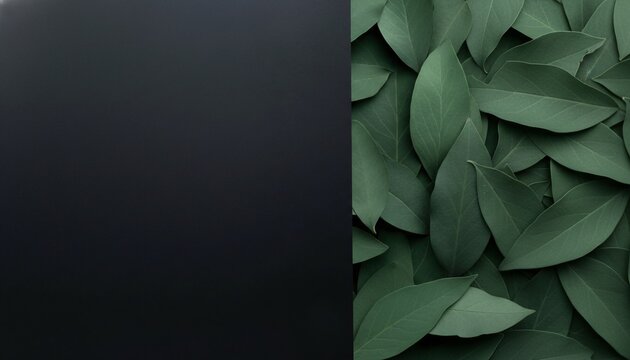 A dark background with a lush green leafy texture on the right side