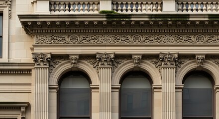 Obraz premium Elegant pale stone facade with series of arched windows, fluted Corinthian pilasters, richly carved entablature and balustrade above, capturing the dignified presence of grand historic European civic 
